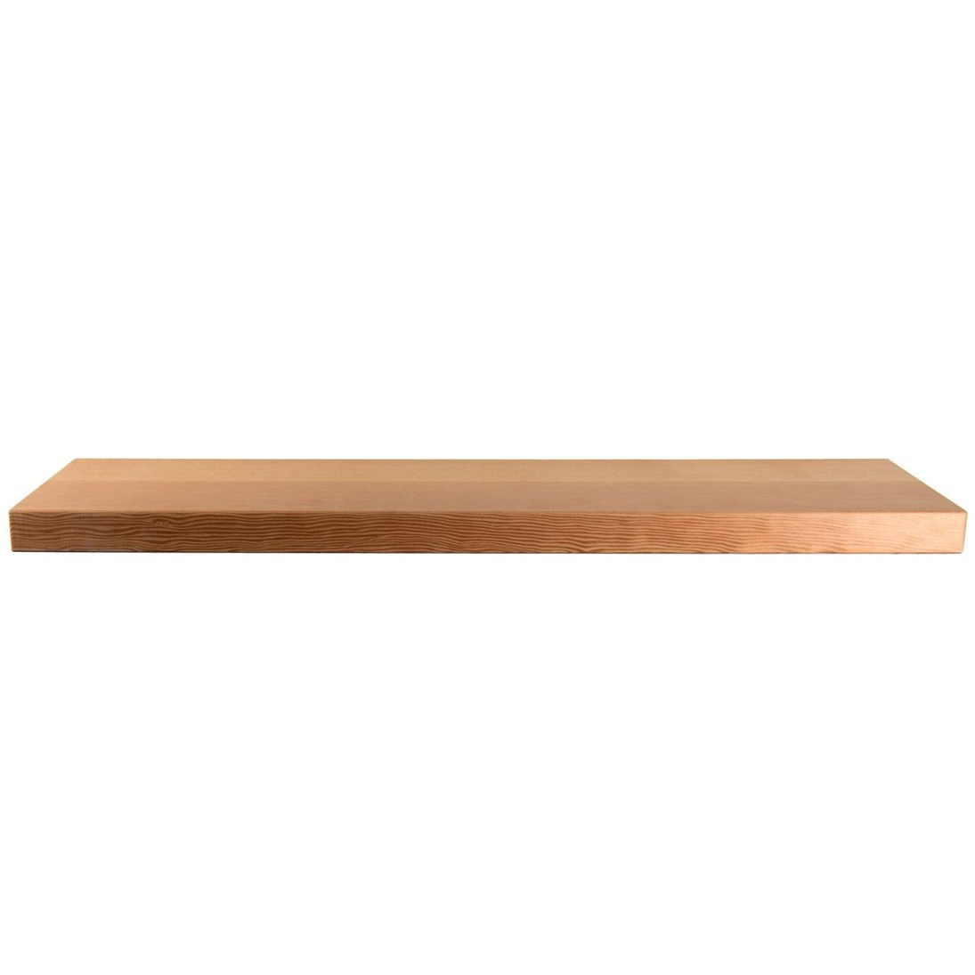Zwevende oregon pine wandplank in de maat 1000x250x38mm, behandeld met lak.