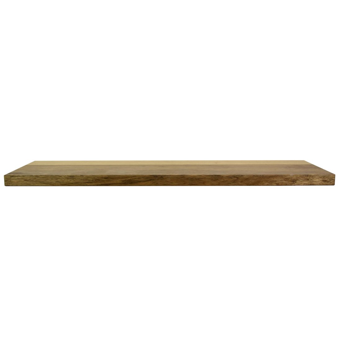 Zwevende mansonia wandplank in de maat 1140x338x40mm, behandeld met lak.